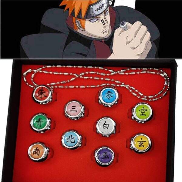 calhepco Naruto Cosplay Black Leather Necklace 10Pcs Rings Akatsuki Members Ring Set Free Box 